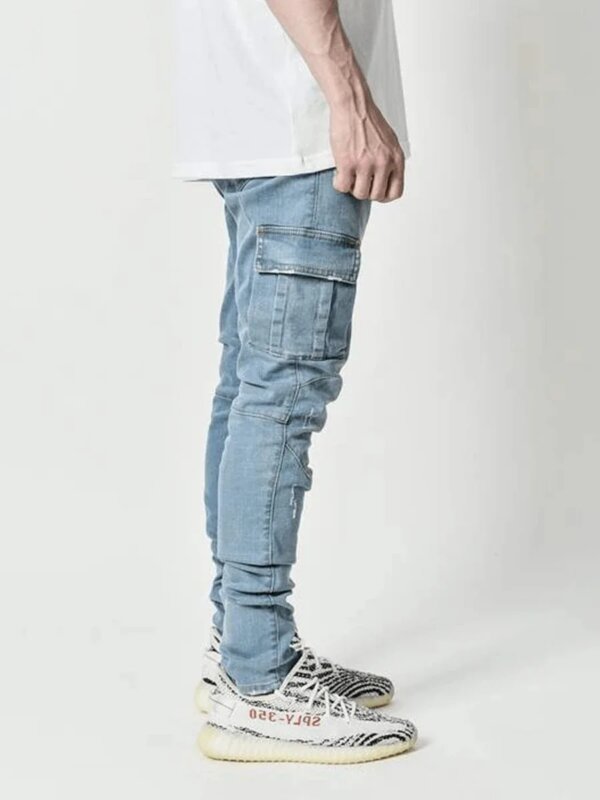 ⁦new Jeans Men Pants Wash Solid Color Multi Pockets Denim Mid Waist Cargo Jeans Plus Size Fahsion Casual Trousers Male Daily Wear⁩ – תמונה ⁦4⁩