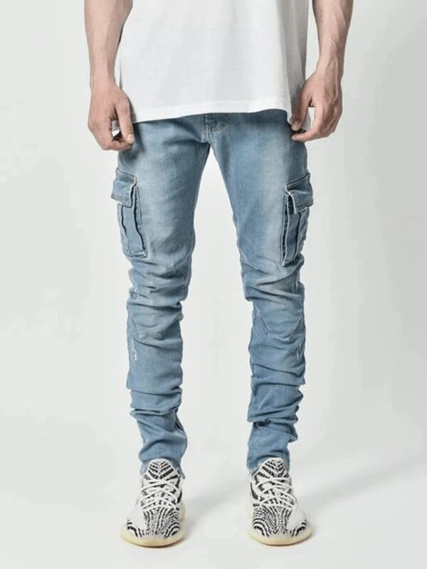 ⁦new Jeans Men Pants Wash Solid Color Multi Pockets Denim Mid Waist Cargo Jeans Plus Size Fahsion Casual Trousers Male Daily Wear⁩ – תמונה ⁦6⁩